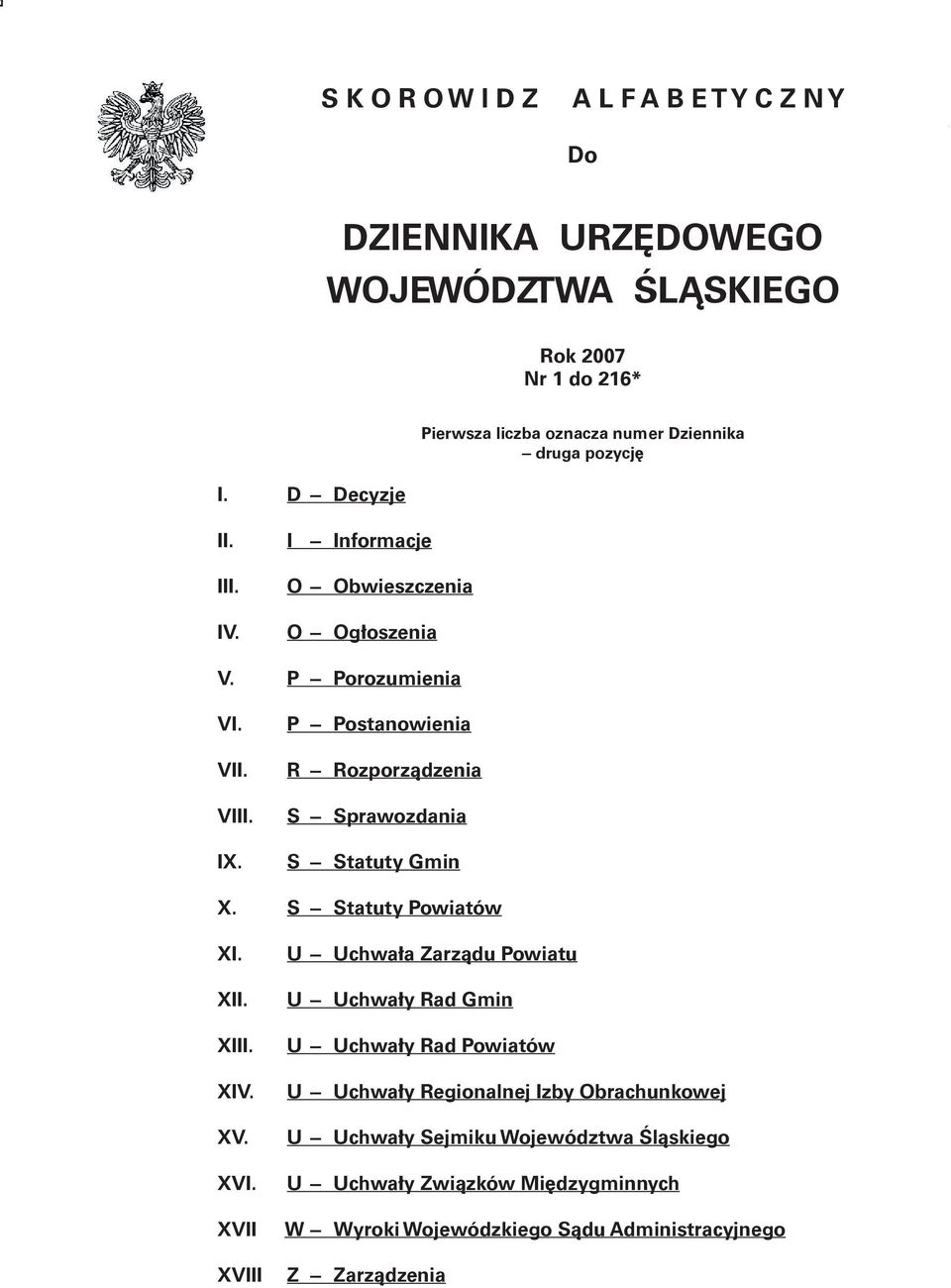 P Postanowienia R Rozporządzenia S Sprawozdania S Statuty Gmin X. S Statuty Powiatów XI. XII. XIII. XIV. XV. XVI.