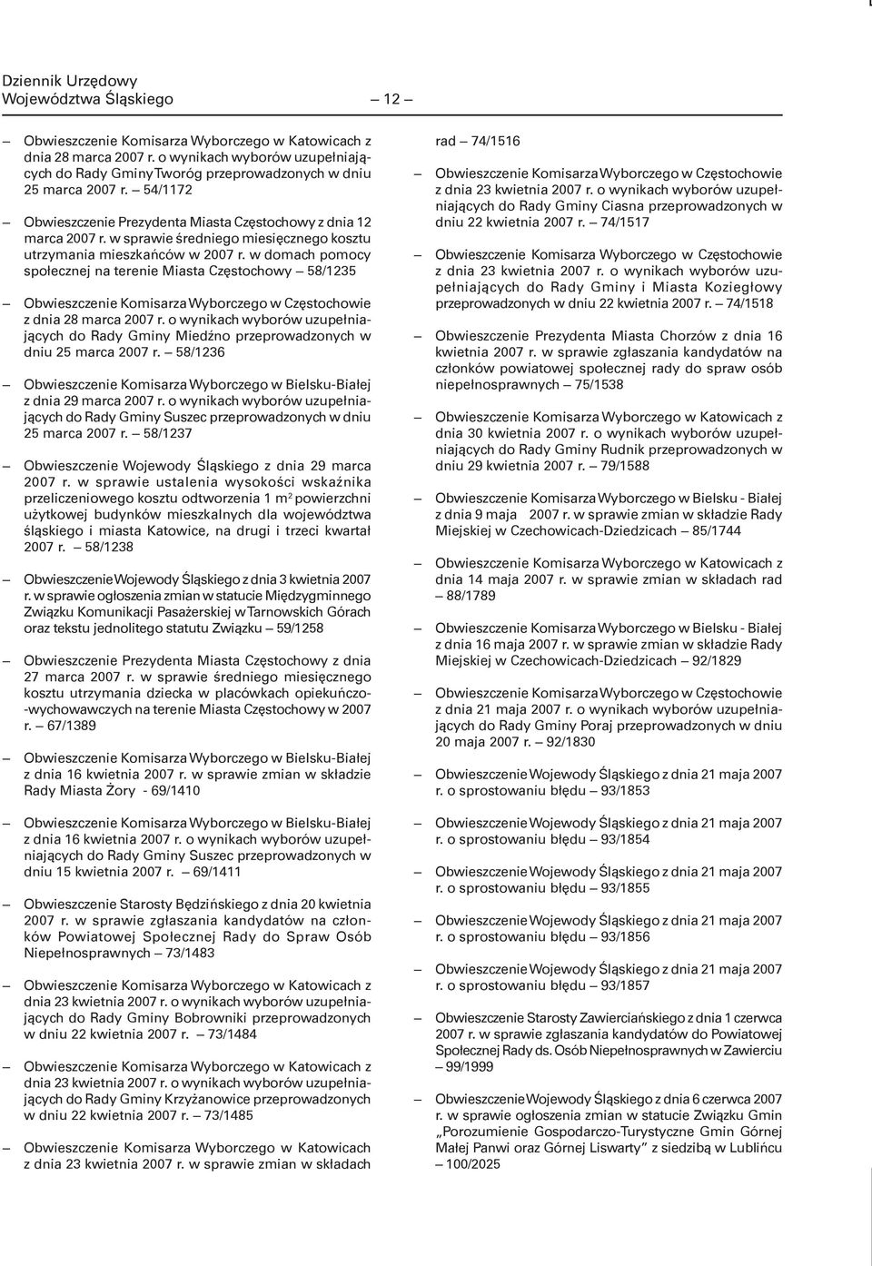 w domach pomocy społecznej na terenie Miasta Częstochowy 58/1235 Obwieszczenie Komisarza Wyborczego w Częstochowie z dnia 28 marca 2007 r.