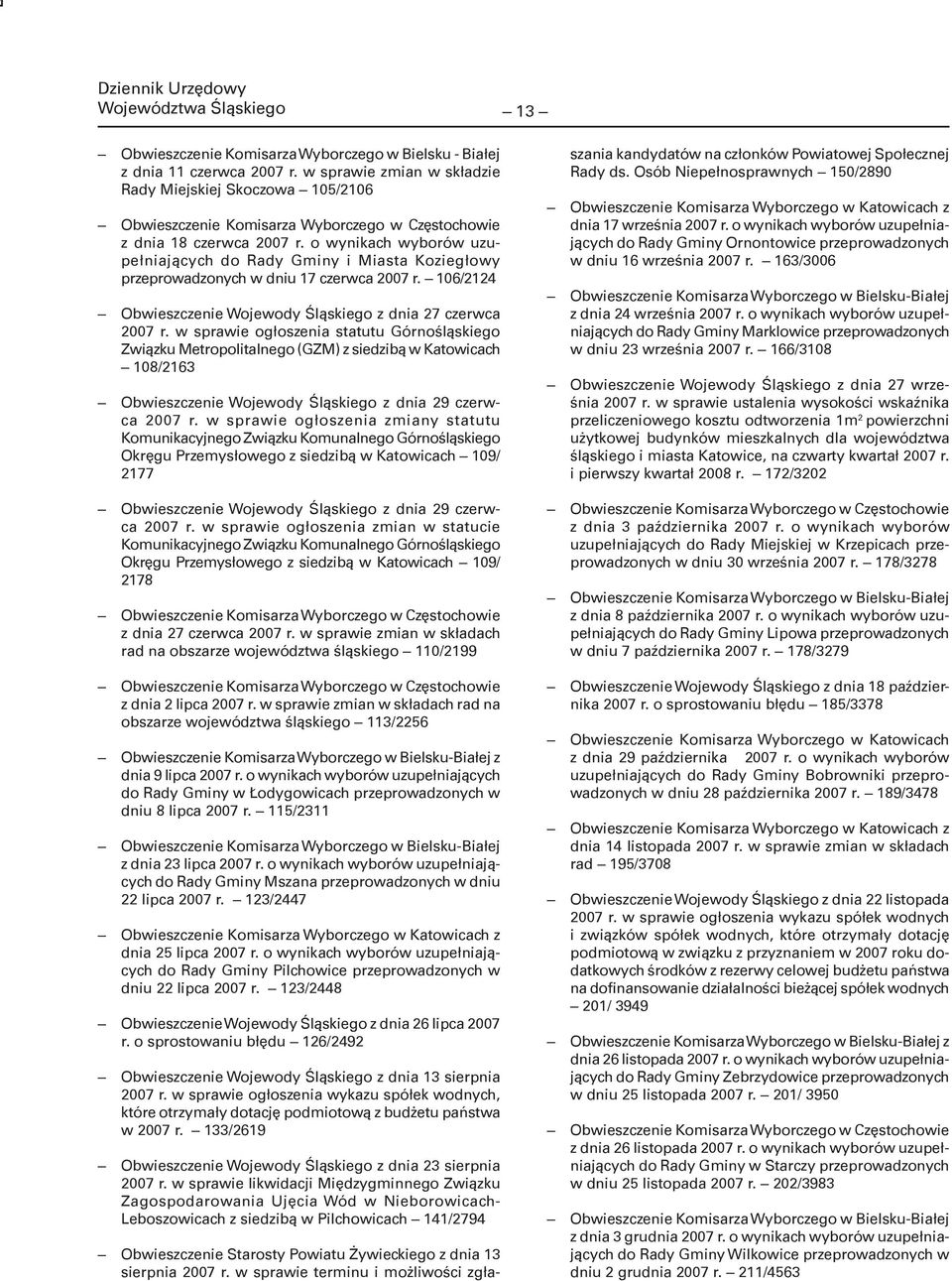 o wynikach wyborów uzupełniających do Rady Gminy i Miasta Koziegłowy przeprowadzonych w dniu 17 czerwca 2007 r. 106/2124 Obwieszczenie Wojewody Śląskiego z dnia 27 czerwca 2007 r.