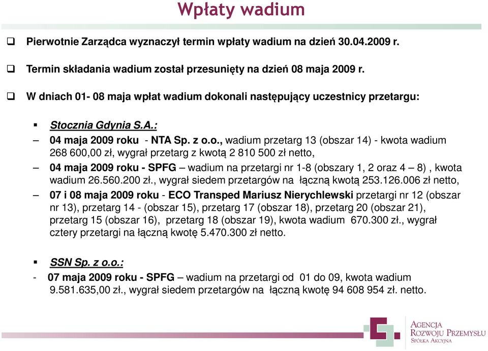 onali następujący uczestnicy przetargu: Stocznia Gdynia S.A.: 04 maja 2009 roku - NTA Sp. z o.o., wadium przetarg 13 (obszar 14) - kwota wadium 268 600,00 zł, wygrał przetarg z kwotą 2 810 500 zł