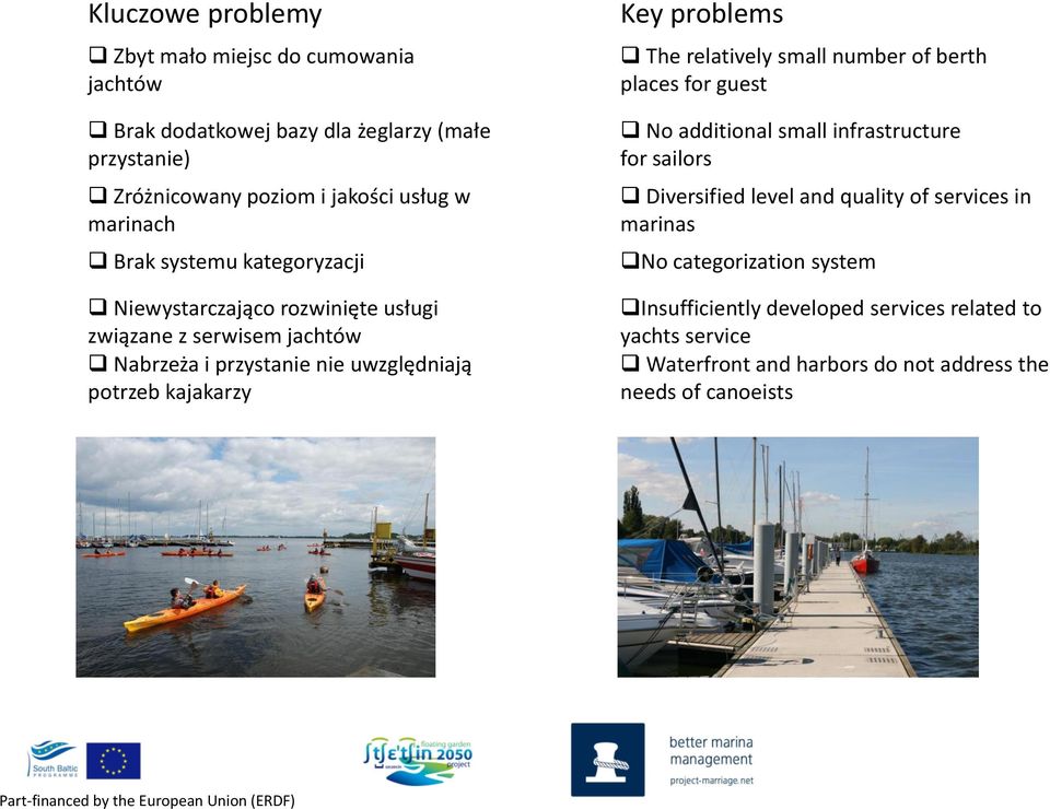 kajakarzy Key problems The relatively small number of berth places for guest No additional small infrastructure for sailors Diversified level and quality