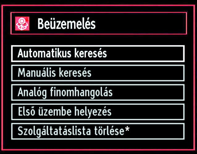 Beállítás Nyomja le a M gombot a távirányítón és válassza a Telepítést a vagy gombok használatával. Nyomja le az OK gombot és a következőmenü jelenik meg.