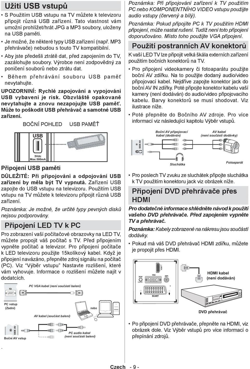 Výrobce není zodpovědný za poničení souborů nebo ztrátu dat. Během přehrávání souboru USB paměť nevytahujte. UPOZORNINÍ: Rychlé zapojování a vypojování USB vybavení je risk.