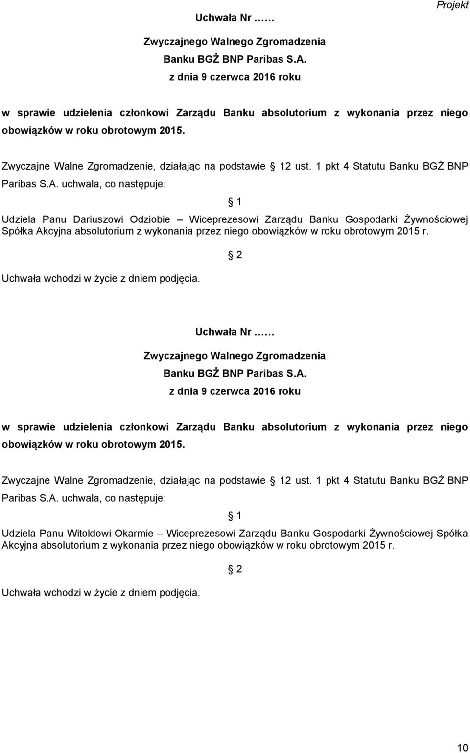 roku obrotowym 2015 r. Uchwała Nr w sprawie udzielenia członkowi Zarządu Banku absolutorium z wykonania przez niego Zwyczajne Walne Zgromadzenie, działając na podstawie 2 ust.