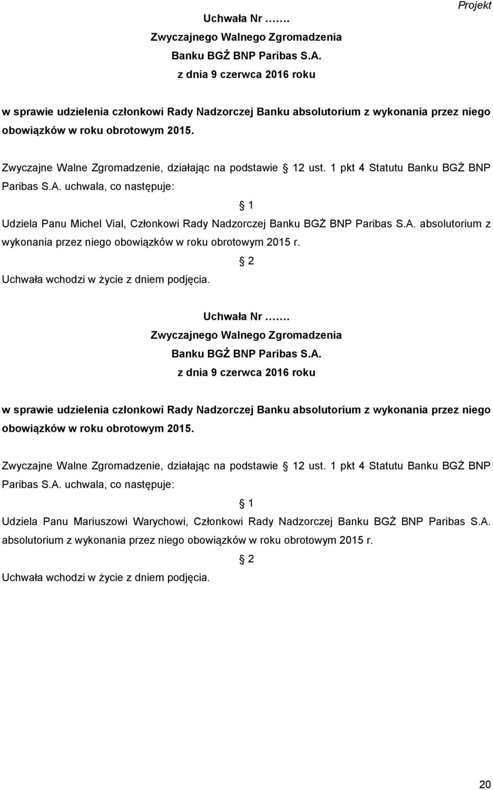 1 pkt 4 Statutu Banku BGŻ BNP Udziela Panu Michel Vial, Członkowi Rady Nadzorczej absolutorium z wykonania przez niego obowiązków w roku obrotowym 2015 r.