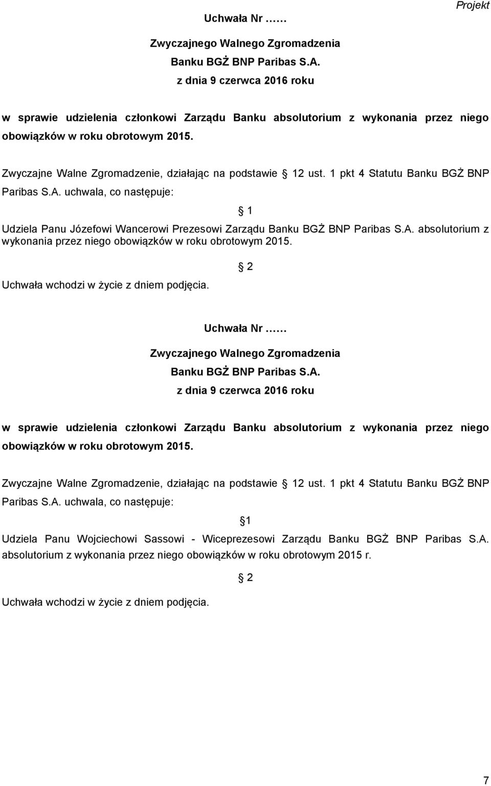 1 pkt 4 Statutu Banku BGŻ BNP Udziela Panu Józefowi Wancerowi Prezesowi Zarządu absolutorium z wykonania przez niego Uchwała Nr w sprawie udzielenia