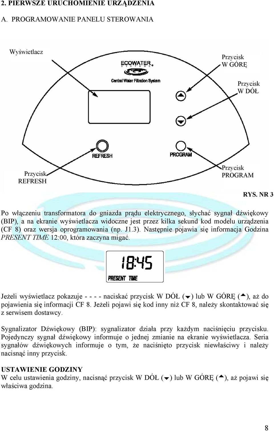 oprogramowania (np. J1.3). Następnie pojawia się informacja Godzina PRESENT TIME 12:00, która zaczyna migać.