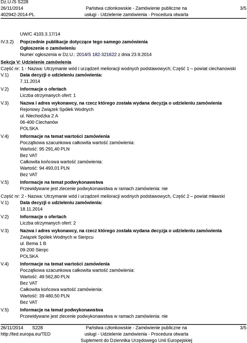 2014 Liczba otrzymanych ofert: 1 Rejonowy Związek Spółek Wodnych ul.