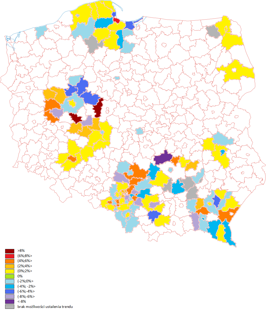 Zaobserwowane tendencje zmiany cen transakcyjnych w czasie były zróżnicowane w poszczególnych powiatach.