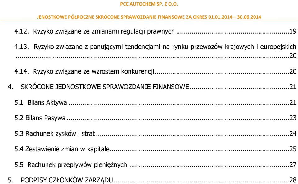 Ryzyko związane ze wzrostem konkurencji...20 4. SKRÓCONE JEDNOSTKOWE SPRAWOZDANIE FINANSOWE...21 5.