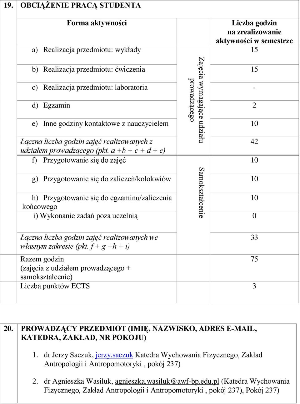 Egzamin 2 e) Inne godziny kontaktowe z nauczycielem 10 Łączna liczba godzin zajęć realizowanych z udziałem prowadzącego (pkt.