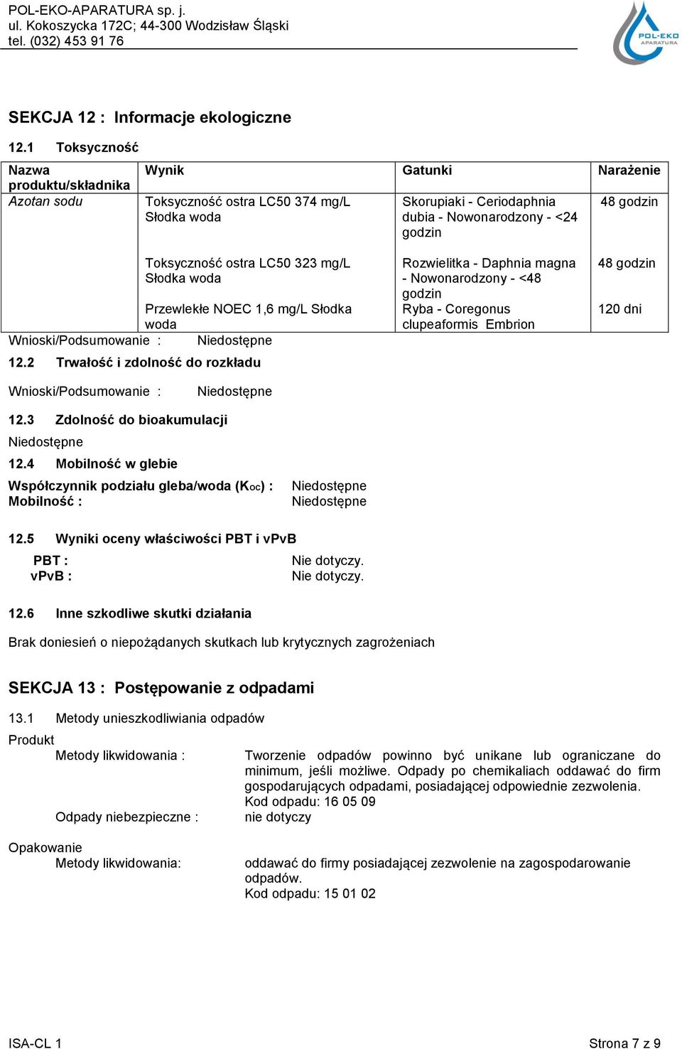 Toksyczność ostra LC50 323 mg/l Słodka woda Przewlekłe NOEC 1,6 mg/l Słodka woda 12.