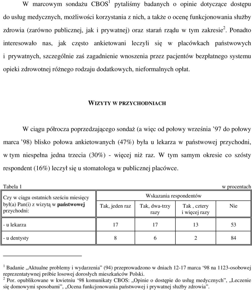 Ponadto interesowało nas, jak często ankietowani leczyli się w placówkach państwowych i prywatnych, szczególnie zaś zagadnienie wnoszenia przez pacjentów bezpłatnego systemu opieki zdrowotnej różnego