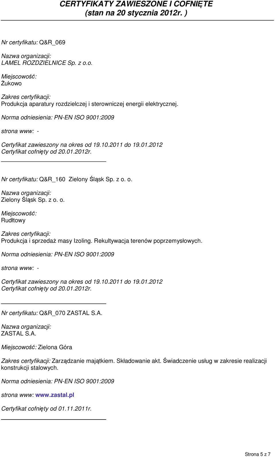 Rekultywacja terenów poprzemysłowych. Certyfikat zawieszony na okres od 19.10.2011 do 19.01.2012 Nr certyfikatu: Q&R_070 ZAS