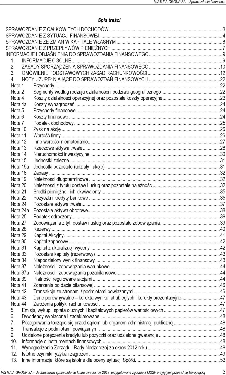 OMÓWIENIE PODSTAWOWYCH ZASAD RACHUNKOWOŚCI... 12 4. NOTY UZUPEŁNIAJĄCE DO SPRAWOZDAŃ FINANSOWYCH... 22 Nota 1 Przychody... 22 Nota 2 Segmenty według rodzaju działalności i podziału geograficznego.