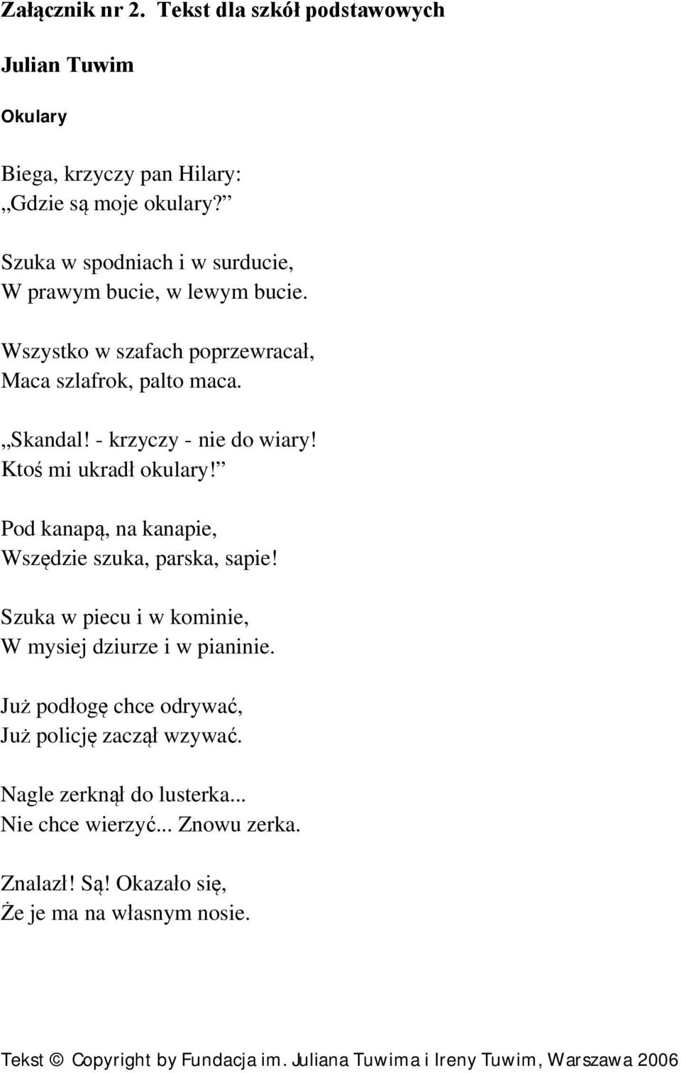 Ktoś mi ukradł okulary! Pod kanapą, na kanapie, Wszędzie szuka, parska, sapie! Szuka w piecu i w kominie, W mysiej dziurze i w pianinie.