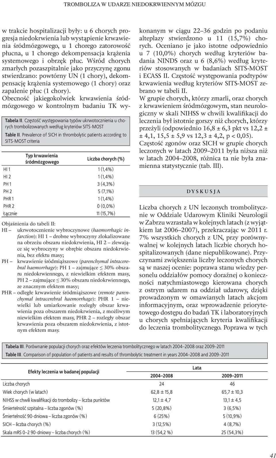 2 0 (0,0%) Łącznie 11 (15,7%) Objaśnienia do tabeli II: HI ukrwotocznienie wybroczynowe (haemorrhagic infarction): HI 1 drobne wybroczyny zlokalizowane na obrzeżu obszaru niedokrwienia, HI 2