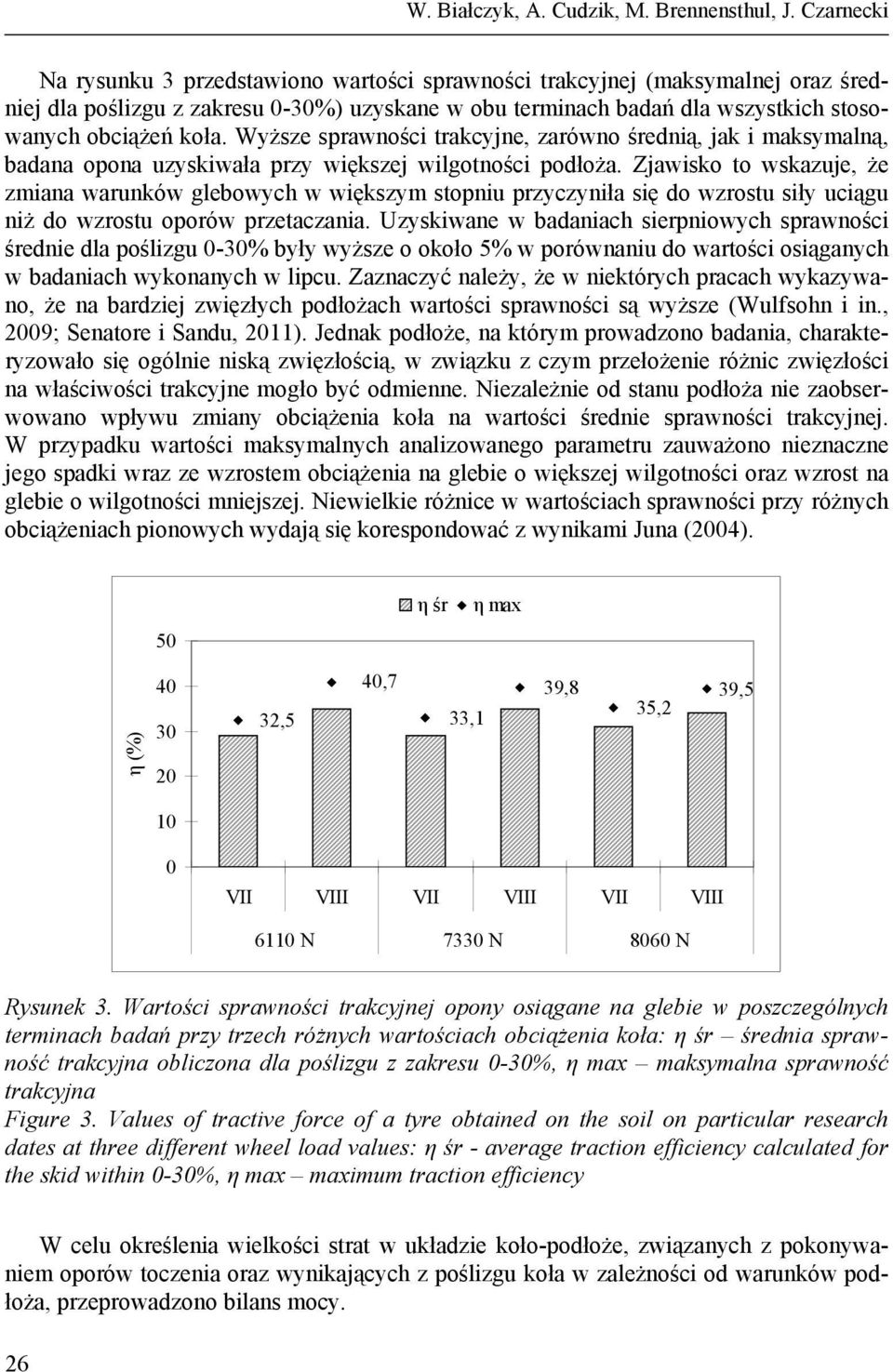 Wyższe sprawności trakcyjne, zarówno średnią, jak i maksymalną, badana opona uzyskiwała przy większej wilgotności podłoża.