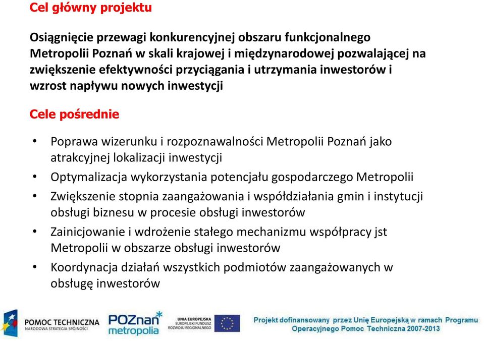 inwestycji Optymalizacja wykorzystania potencjału gospodarczego Metropolii Zwiększenie stopnia zaangażowania i współdziałania gmin i instytucji obsługi biznesu w procesie