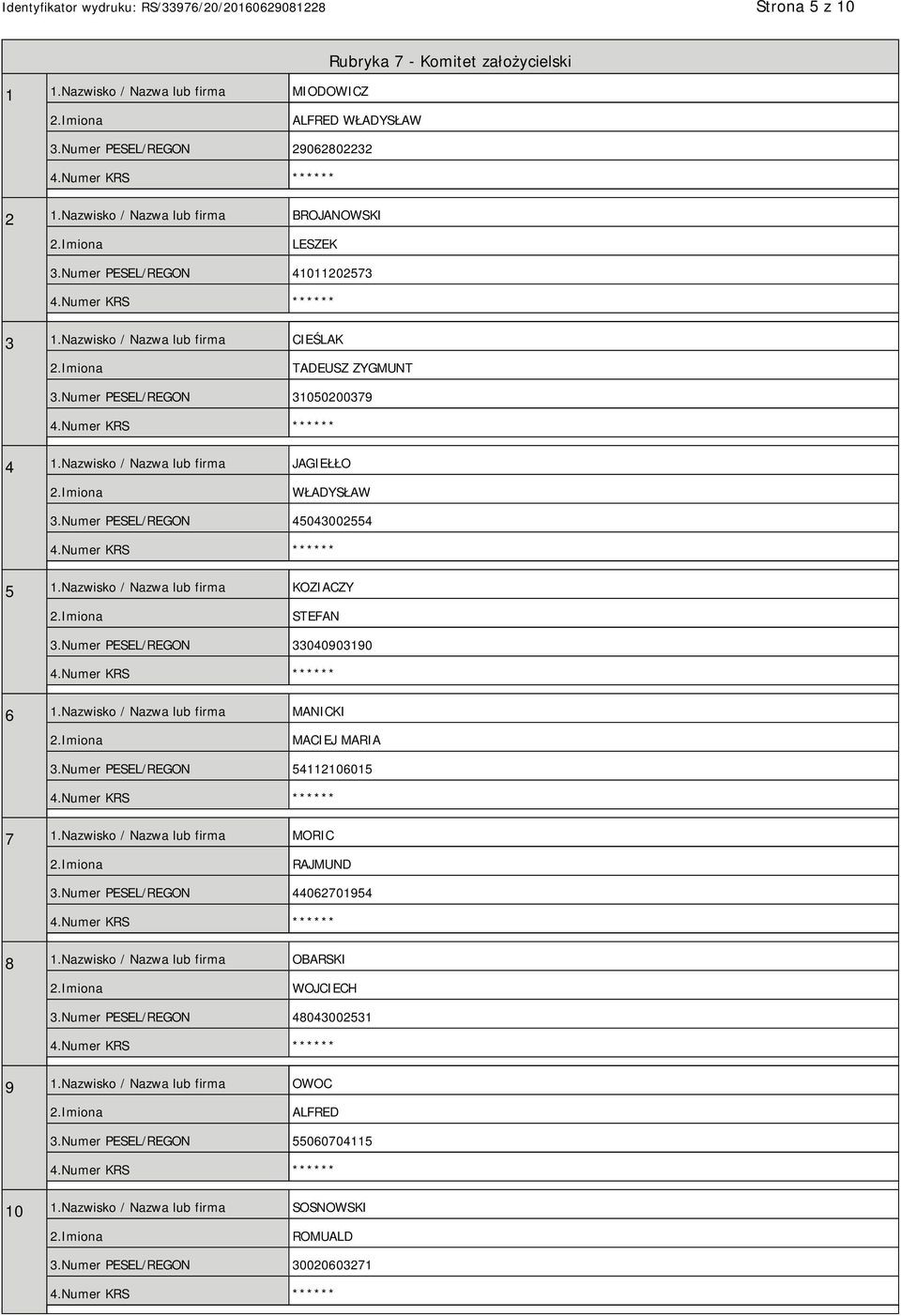Numer PESEL/REGON 45043002554 5 1.Nazwisko / Nazwa lub firma KOZIACZY STEFAN 3.Numer PESEL/REGON 33040903190 6 1.Nazwisko / Nazwa lub firma MANICKI MACIEJ MARIA 3.Numer PESEL/REGON 54112106015 7 1.