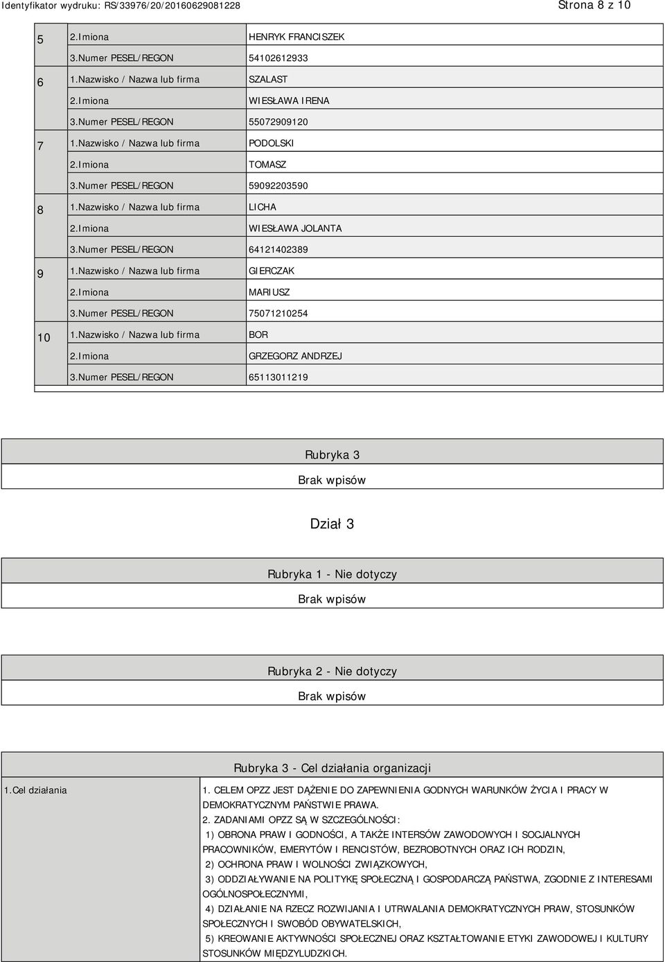 Nazwisko / Nazwa lub firma GIERCZAK MARIUSZ 3.Numer PESEL/REGON 75071210254 10 1.Nazwisko / Nazwa lub firma BOR GRZEGORZ ANDRZEJ 3.