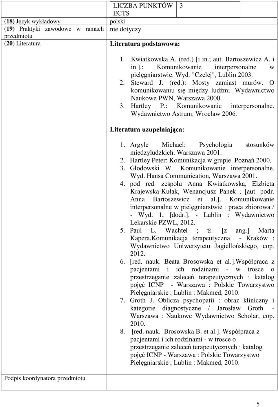 Wydawnictwo Naukowe PWN, Warszawa 2000. 3. Hartley P.: Komunikowanie interpersonalne. Wydawnictwo Astrum, Wrocław 2006. Literatura uzupełniająca: 1.