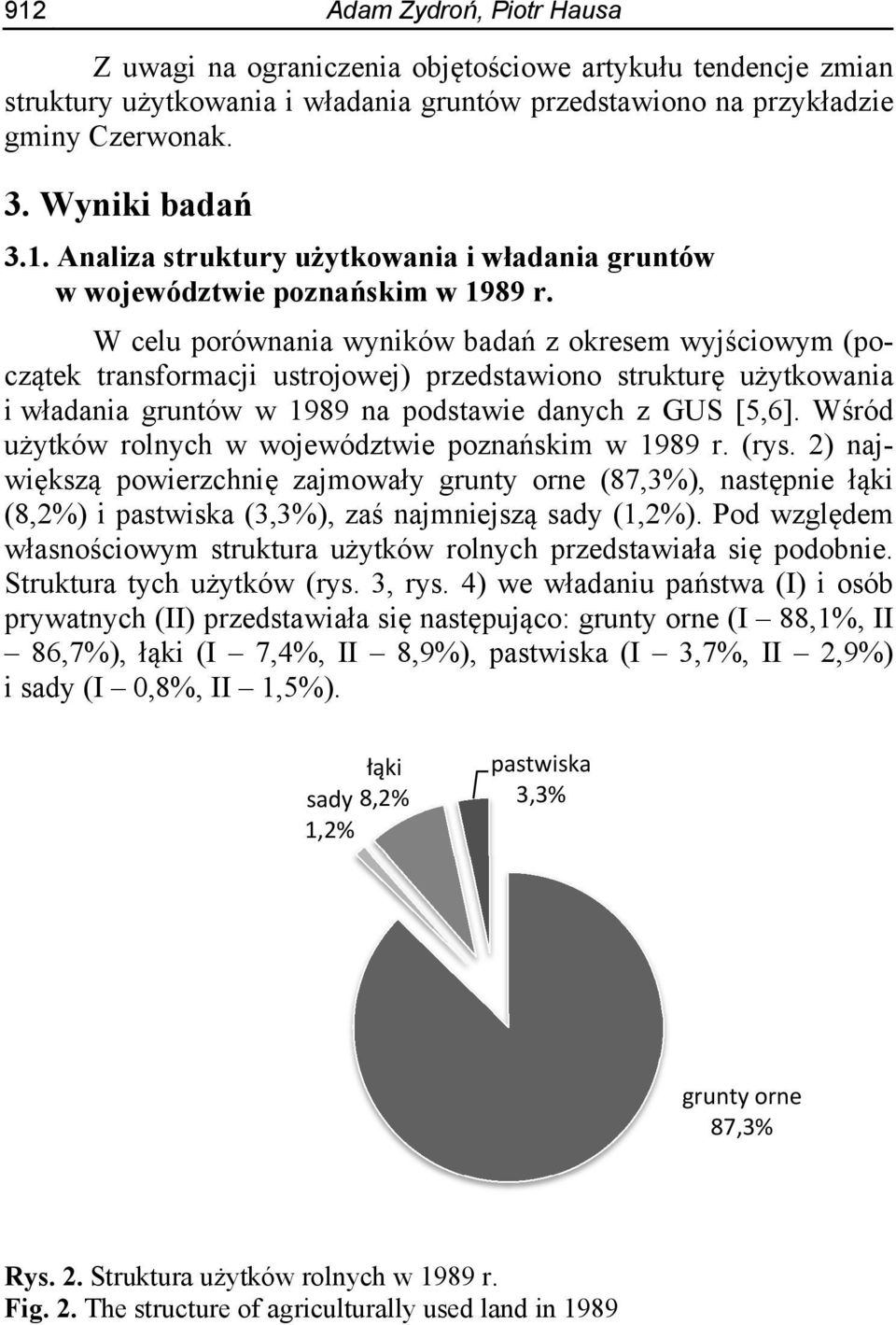 Wśród użytków rolnych w województwie poznańskim w 1989 r. (rys. 2) największą powierzchnię zajmowały grunty orne (87,3%), następnie łąki (8,2%) i pastwiska (3,3%), zaś najmniejszą sady (1,2%).