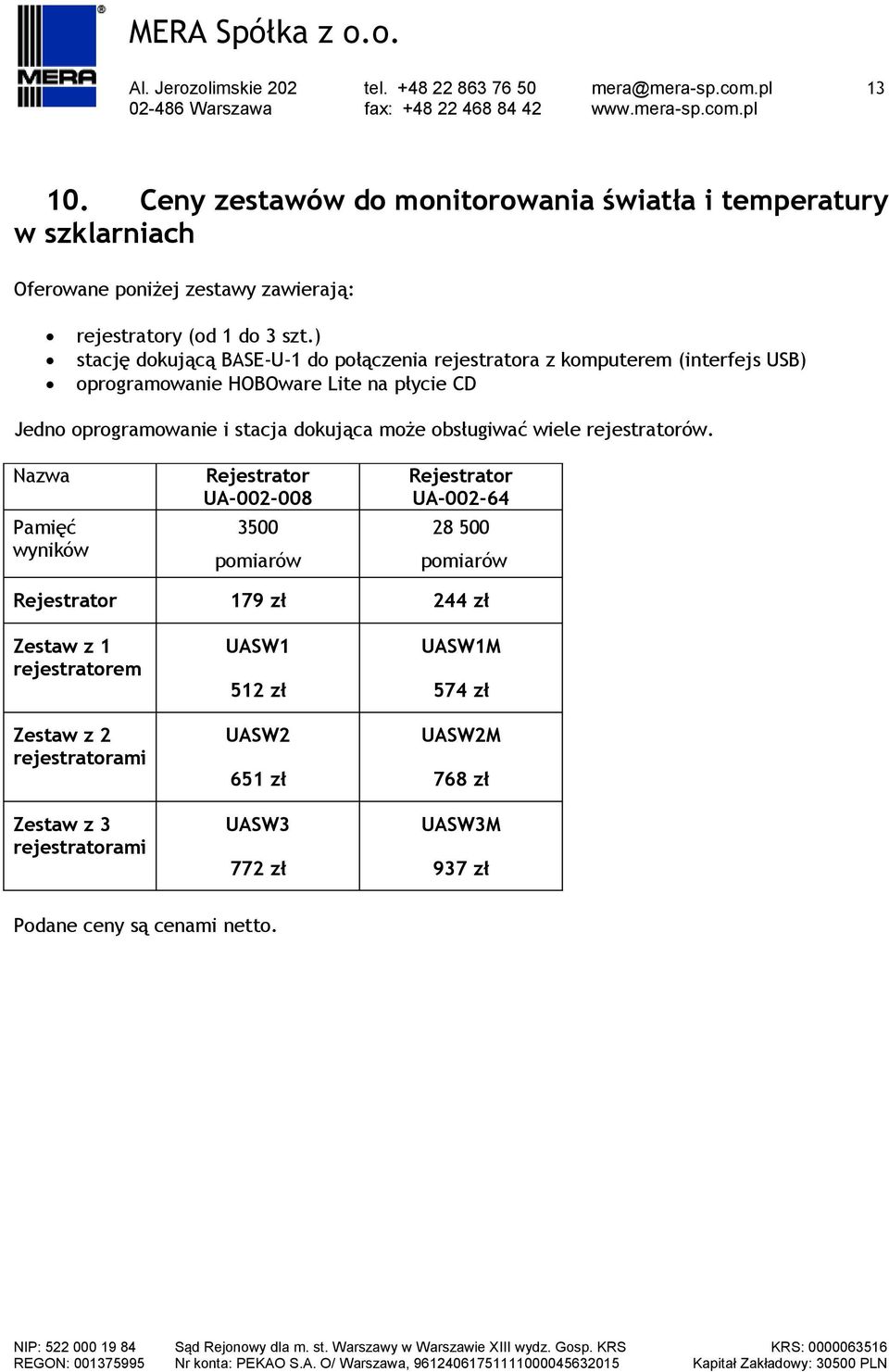 ) stację dokującą BASE-U-1 do połączenia rejestratora z komputerem (interfejs USB) oprogramowanie HOBOware Lite na płycie CD Jedno oprogramowanie i