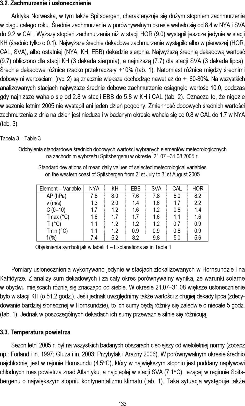 Najwyższe średnie dekadowe zachmurzenie wystąpiło albo w pierwszej (HOR, CAL, SVA), albo ostatniej (NYA, KH, EBB) dekadzie sierpnia. Najwyższą średnią dekadową wartość (9.