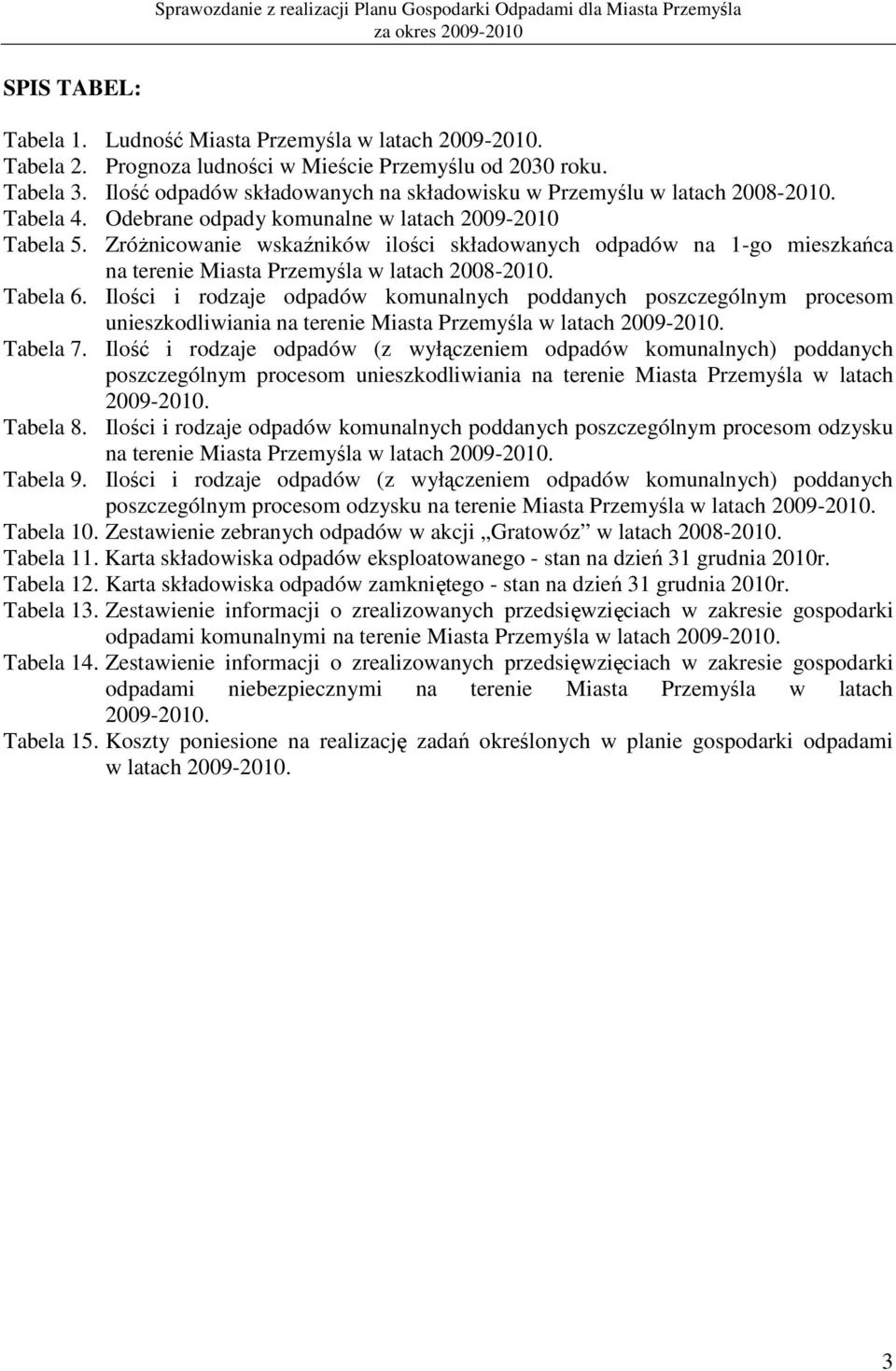 Zróżnicowanie wskaźników ilości składowanych odpadów na 1-go mieszkańca na terenie Miasta Przemyśla w latach 2008-2010. Tabela 6.