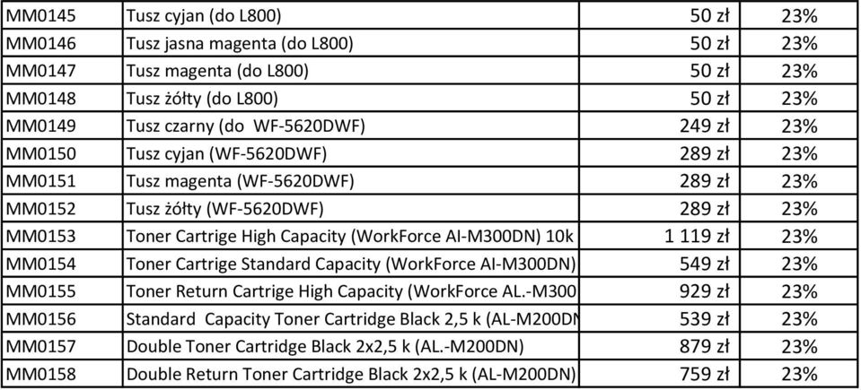 (WorkForce AI-M300DN) 10k 1 119 zł 23% MM0154 Toner Cartrige Standard Capacity (WorkForce AI-M300DN) 549 zł 23% MM0155 Toner Return Cartrige High Capacity (WorkForce AL.