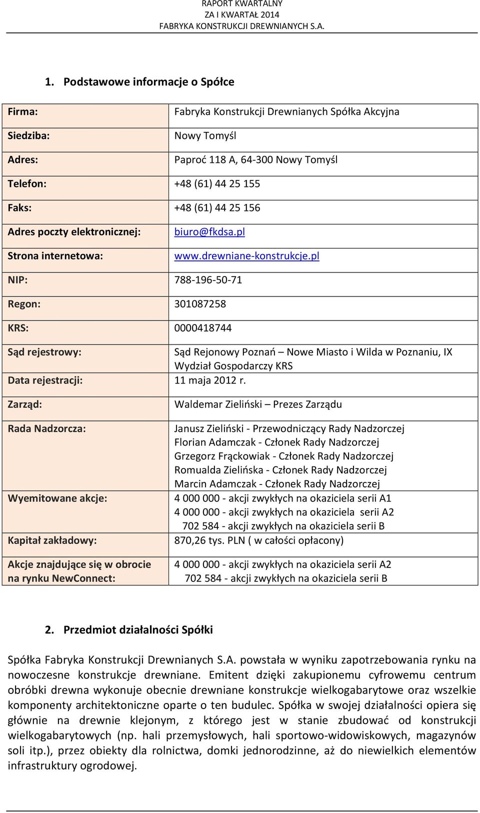 pl NIP: 788-196-50-71 Regon: 301087258 KRS: 0000418744 Sąd rejestrowy: Sąd Rejonowy Poznań Nowe Miasto i Wilda w Poznaniu, IX Wydział Gospodarczy KRS Data rejestracji: 11 maja 2012 r.