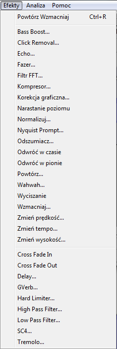 Audacity Audacity posiada bardzo wiele użytecznych narzędzi, m.in. Normalizacja (ang. Normalize), Odszumiacz (Denoiser), Wyciszanie (Fade Out), Narastanie poziomu (Fade In) i wiele innych.