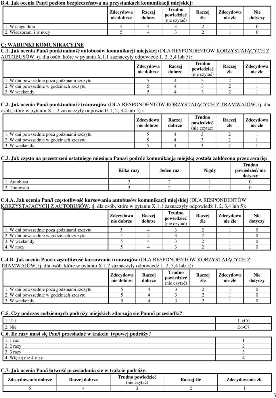 dla osób, które w pytaniu X.1.1 zaznaczyły odpowiedź 1, 2, 3,4 lub 5): nie dobrze dobrze źle 1. W dni powszednie poza godzinami szczytu 2. W dni powszednie w godzinach szczytu 3. W weekendy C.2. Jak ocenia Pan/i punktualność tramwajów (DLA RESPONDENTÓW KORZYSTAJĄCYCH Z TRAMWAJÓW, tj.