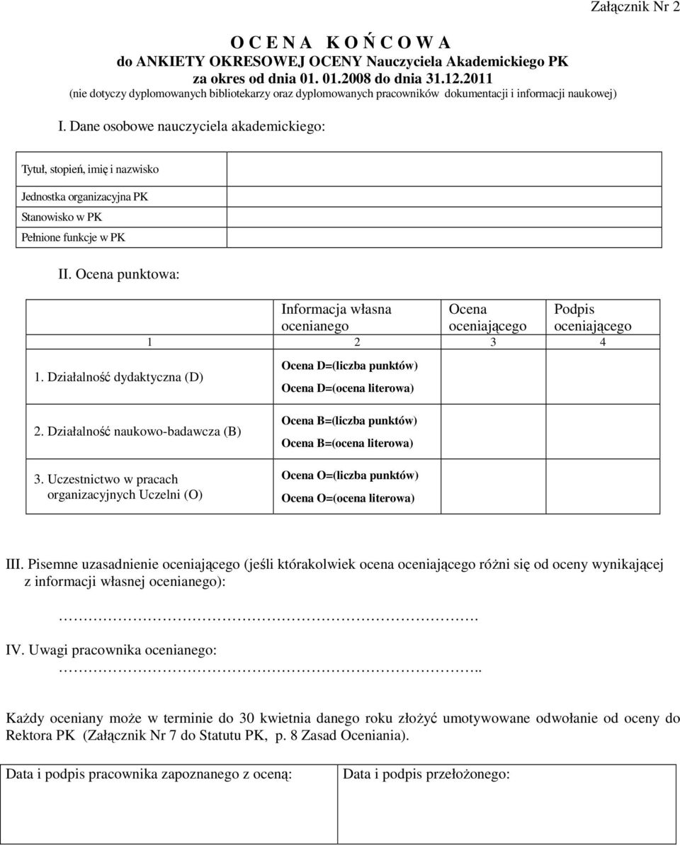 Dane osobowe nauczyciela akademickiego: Załącznik Nr 2 Tytuł, stopień, imię i nazwisko Jednostka organizacyjna PK Stanowisko w PK Pełnione funkcje w PK II. Ocena punktowa: 1.