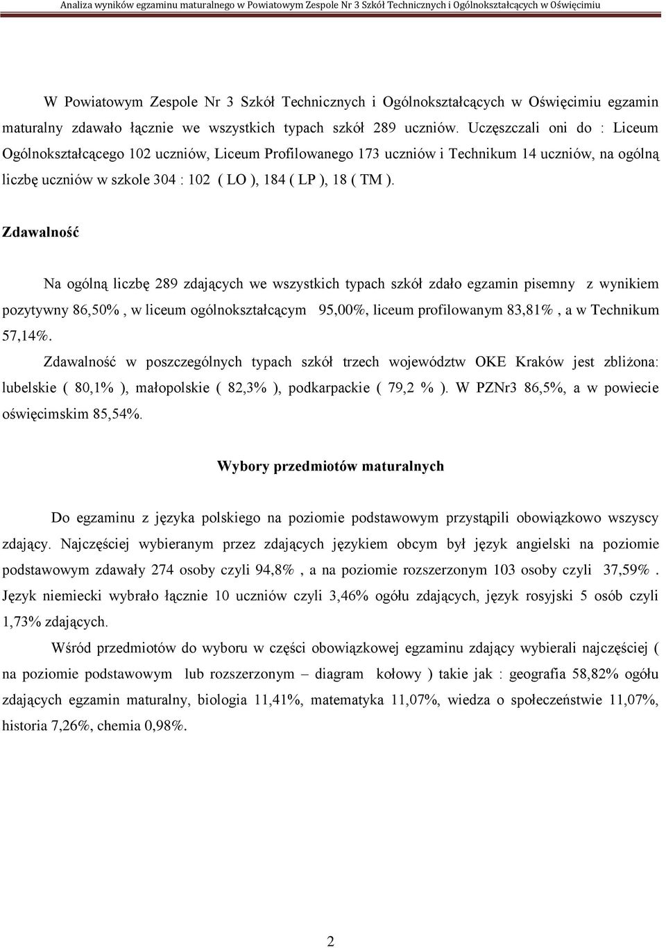 Zdawalność Na ogólną liczbę 289 zdających we wszystkich typach szkół zdało egzamin pisemny z wynikiem pozytywny 86,50%, w liceum ogólnokształcącym 95,00%, liceum profilowanym 83,81%, a w Technikum