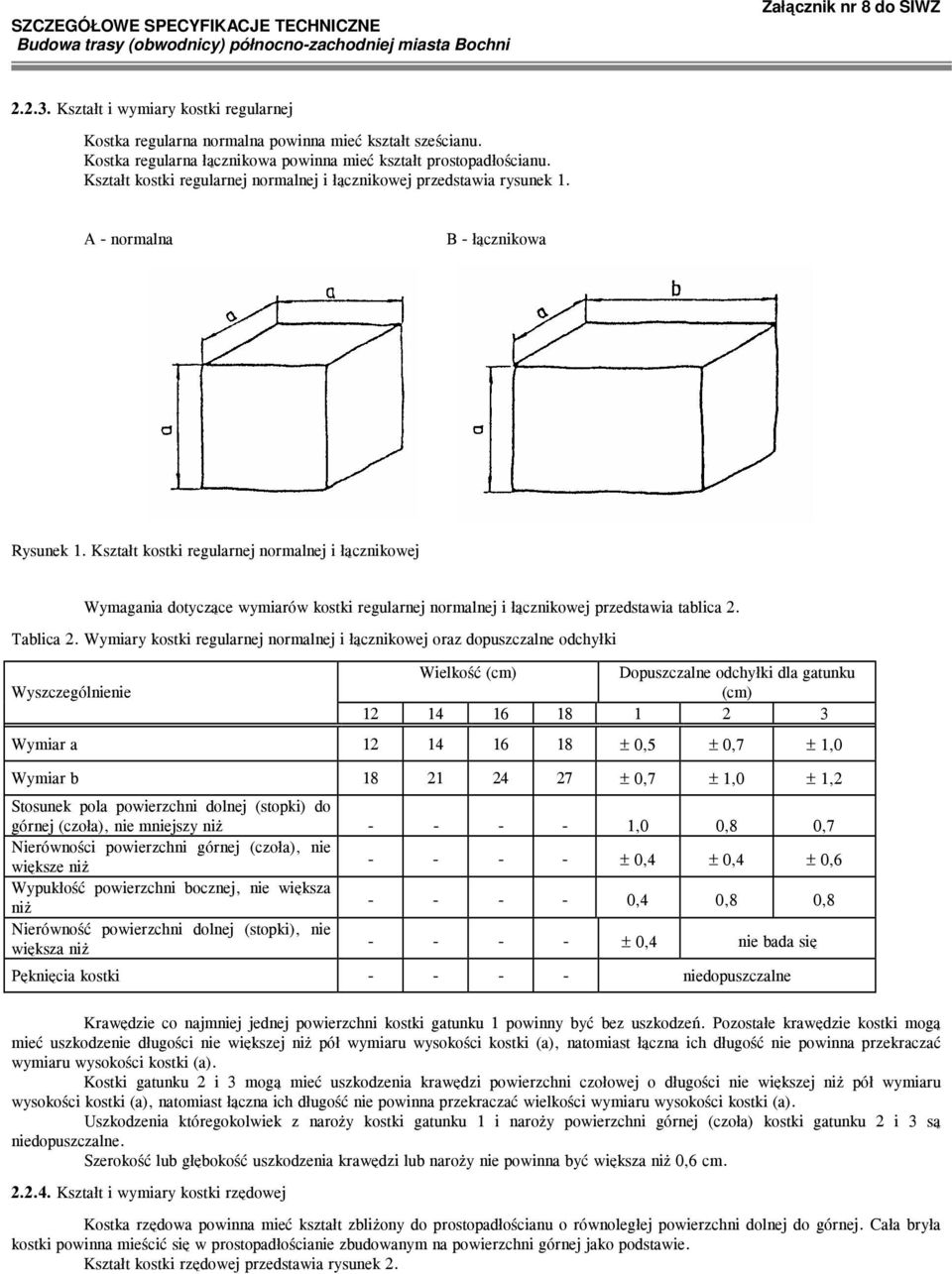 Kształt kostki regularnej normalnej i łącznikowej Wymagania dotyczące wymiarów kostki regularnej normalnej i łącznikowej przedstawia tablica 2. Tablica 2.