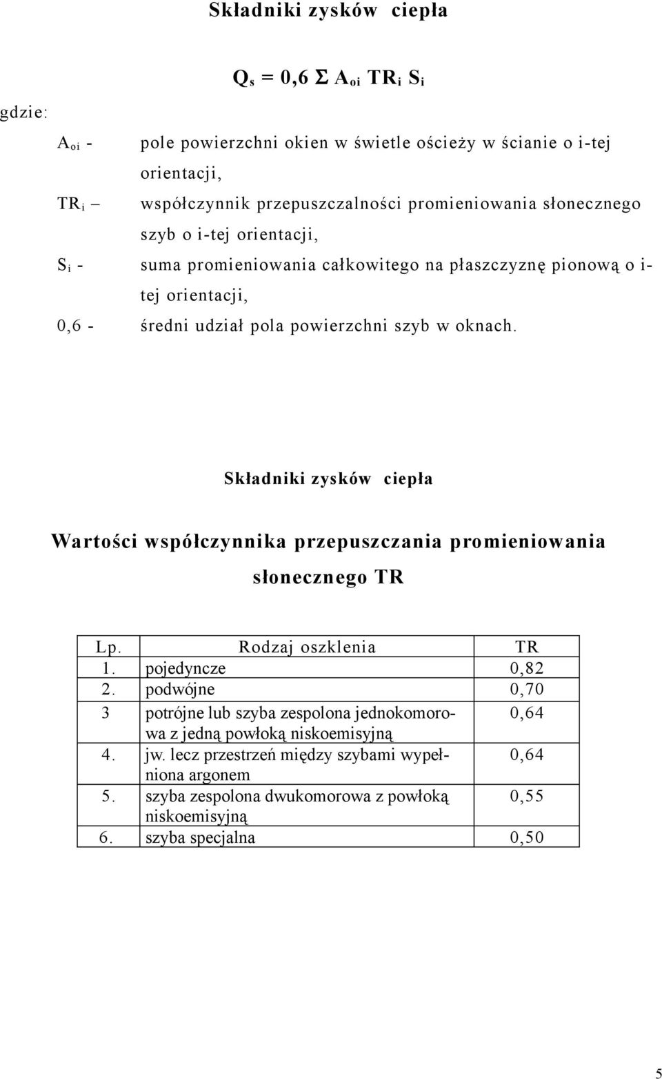 Składniki zysków ciepła Wartości współczynnika przepuszczania promieniowania słonecznego TR Lp. Rodzaj oszklenia TR 1. pojedyncze 0,82 2.