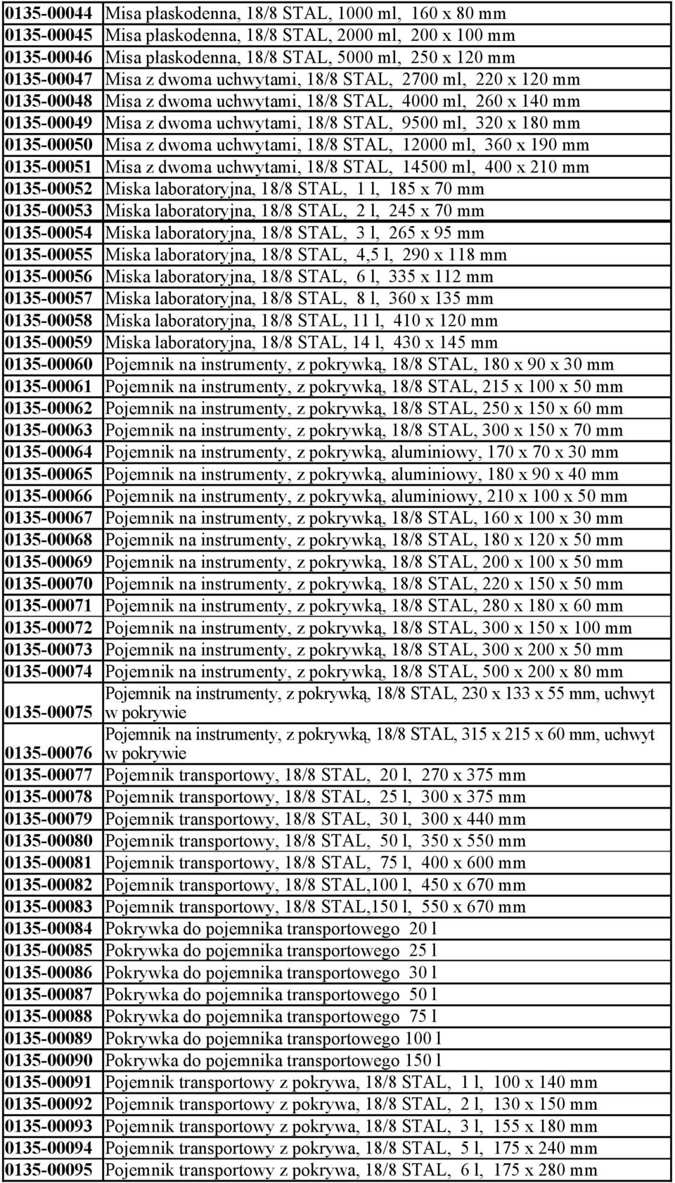 0135-00050 Misa z dwoma uchwytami, 18/8 STAL, 12000 ml, 360 x 190 mm 0135-00051 Misa z dwoma uchwytami, 18/8 STAL, 14500 ml, 400 x 210 mm 0135-00052 Miska laboratoryjna, 18/8 STAL, 1 l, 185 x 70 mm