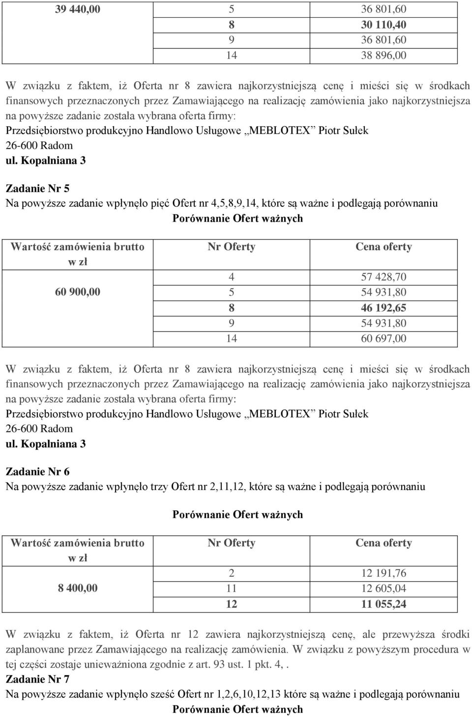 Kopalniana 3 Na powyższe zadanie wpłynęło pięć Ofert nr 4,5,8,9,14, które są ważne i podlegają porównaniu 60 900,00 4 57 428,70 5 54 931,80 8 46 192,65 9 54 931,80 14 60 697,00 W związku z faktem, iż