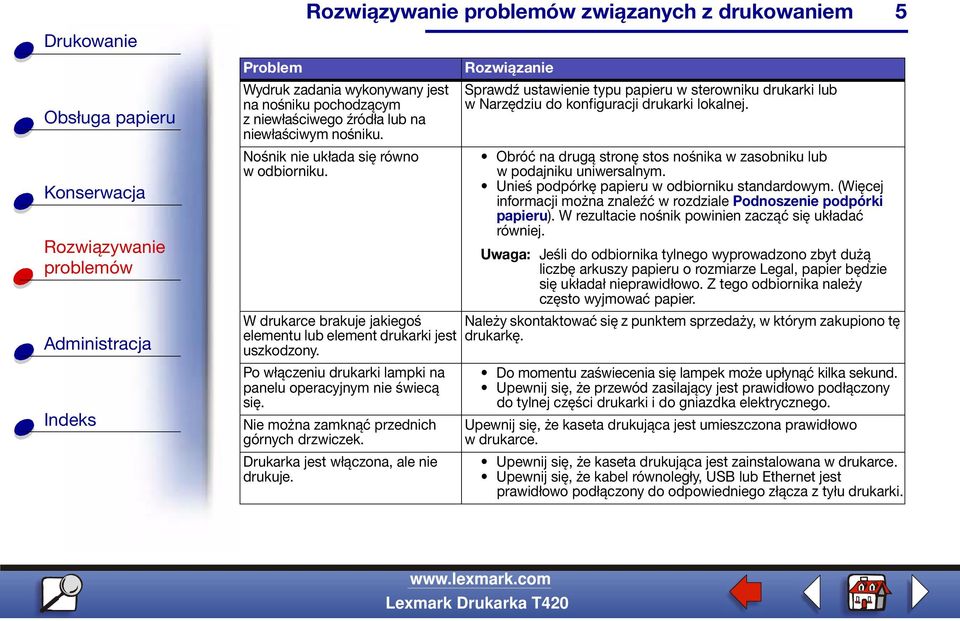 Drukarka jest włączona, ale nie drukuje. Sprawdź ustawienie typu papieru w sterowniku drukarki lub w Narzędziu do konfiguracji drukarki lokalnej.