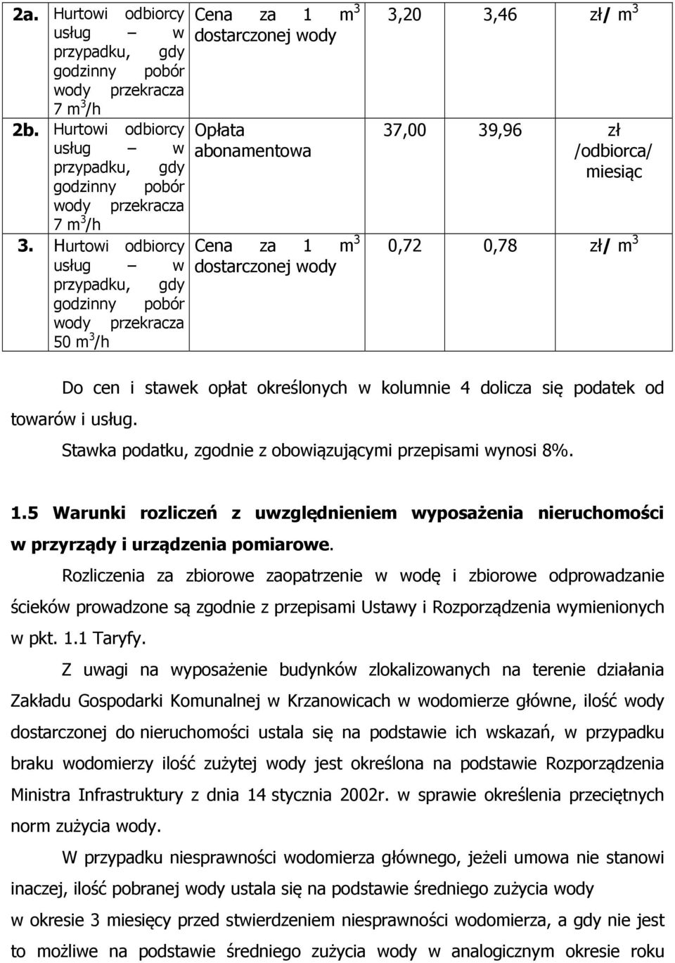 /odbiorca/ miesiąc 0,72 0,78 zł/ m 3 Do cen i stawek opłat określonych w kolumnie 4 dolicza się podatek od towarów i usług. Stawka podatku, zgodnie z obowiązującymi przepisami wynosi 8%. 1.