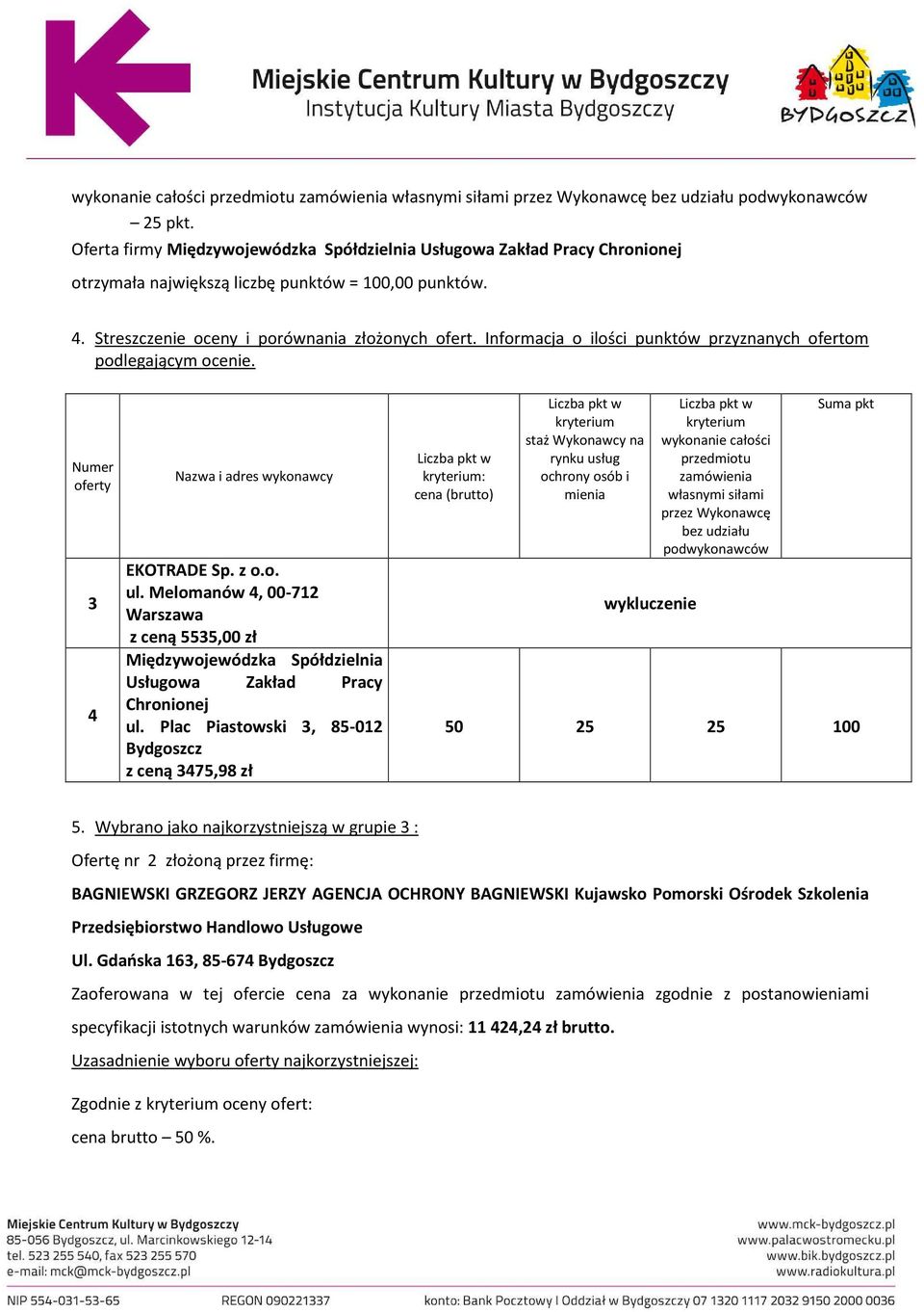 Informacja o ilości punktów przyznanych ofertom podlegającym ocenie. Numer oferty 3 4 Nazwa i adres wykonawcy EKOTRADE Sp. z o.o. ul.