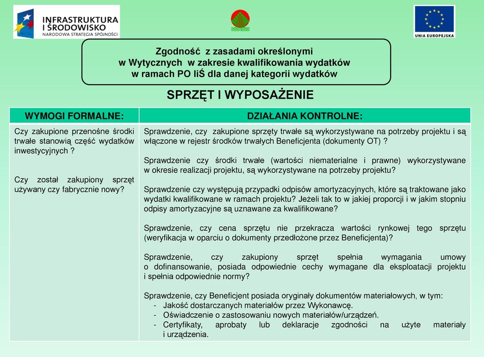 DZIAŁANIA KONTROLNE: Sprawdzenie, czy zakupione sprzęty trwałe są wykorzystywane na potrzeby projektu i są włączone w rejestr środków trwałych Beneficjenta (dokumenty OT)?