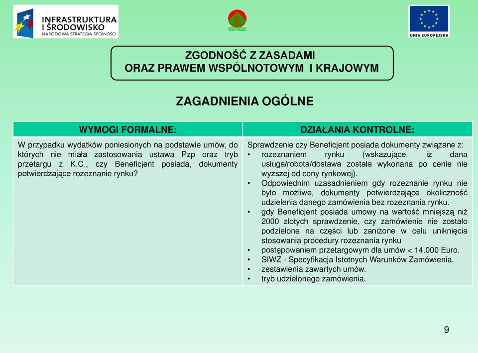 DZIAŁANIA KONTROLNE: Sprawdzenie czy Beneficjent posiada dokumenty związane z: rozeznaniem rynku (wskazujące, iż dana usługa/robota/dostawa została wykonana po cenie nie wyższej od ceny rynkowej).