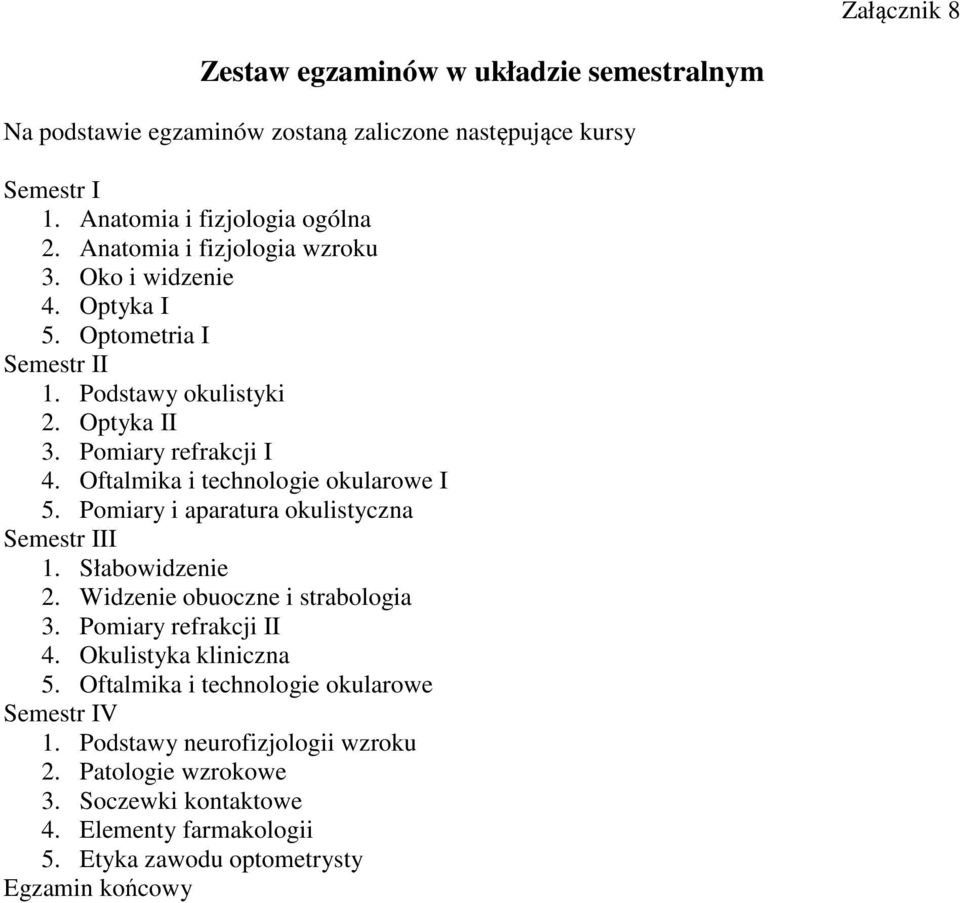 Oftalmika i technologie okularowe I 5. Pomiary i aparatura okulistyczna Semestr III 1. Słabowidzenie 2. Widzenie obuoczne i strabologia 3. Pomiary refrakcji II 4.