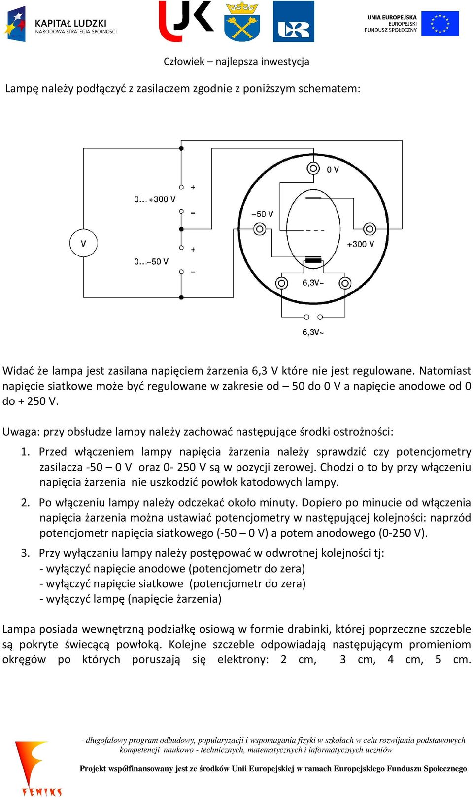 Przed włączeniem lampy napięcia żarzenia należy sprawdzić czy potencjometry zasilacza -50 0 V oraz 0-250 V są w pozycji zerowej.