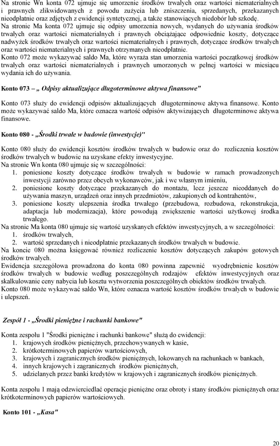 Na stronie Ma konta 072 ujmuje się odpisy umorzenia nowych, wydanych do używania środków trwałych oraz wartości niematerialnych i prawnych obciążające odpowiednie koszty, dotyczące nadwyżek środków