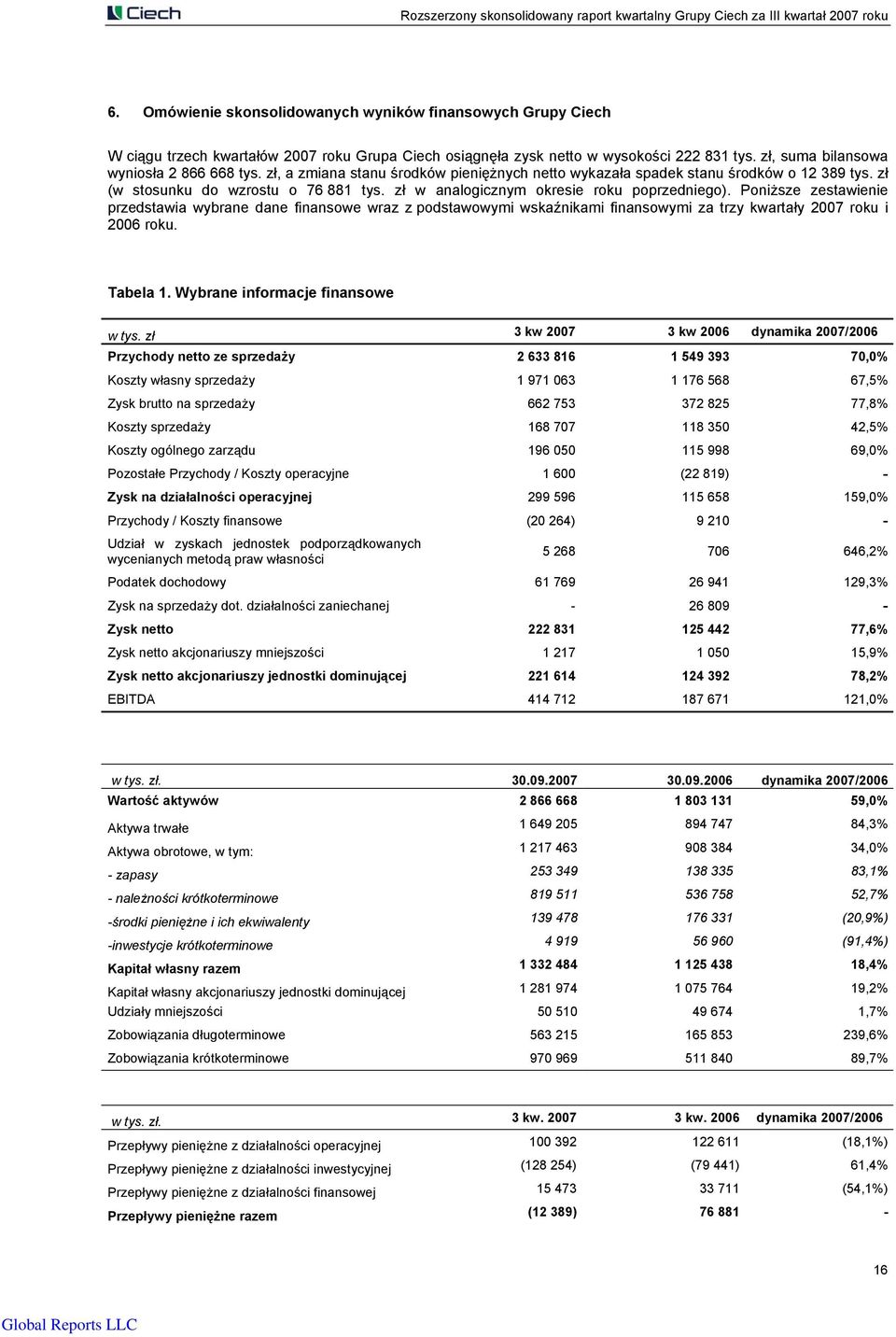 Poniższe zestawienie przedstawia wybrane dane finansowe wraz z podstawowymi wskaźnikami finansowymi za trzy kwartały 2007 roku i 2006 roku. Tabela 1. Wybrane informacje finansowe w tys.