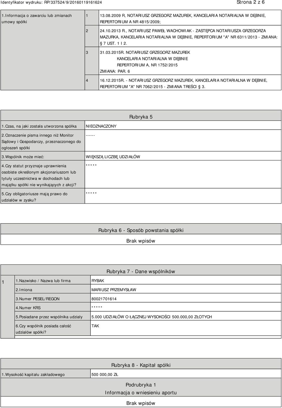 NOTARIUSZ GRZEGORZ MAZUREK KANCELARIA NOTARIALNA W DĘBNIE REPERTORIUM A, NR 1752/2015 ZMIANA: PAR. 6 4 16.12.2015R.